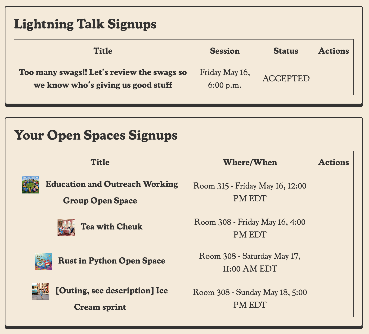 Cheuk's schedule for lightning talks and open spaces